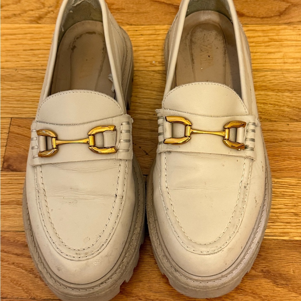 Zara Tan and Gold Loafers with Classic Slip-On Design